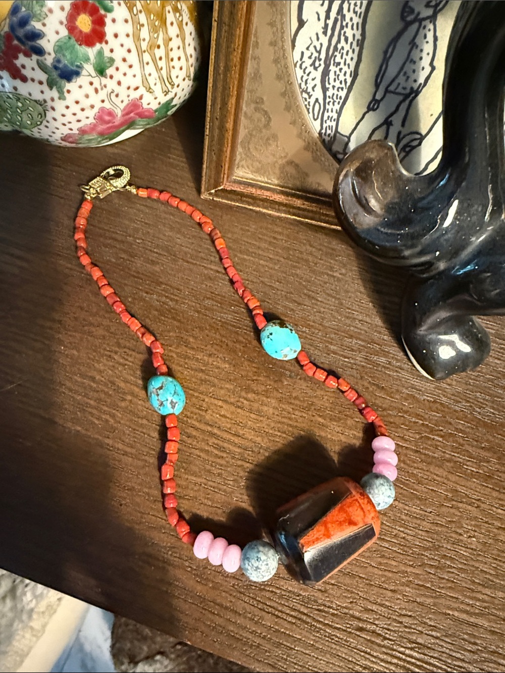 Boho Coral, Turquoise & Pink Beaded Necklace